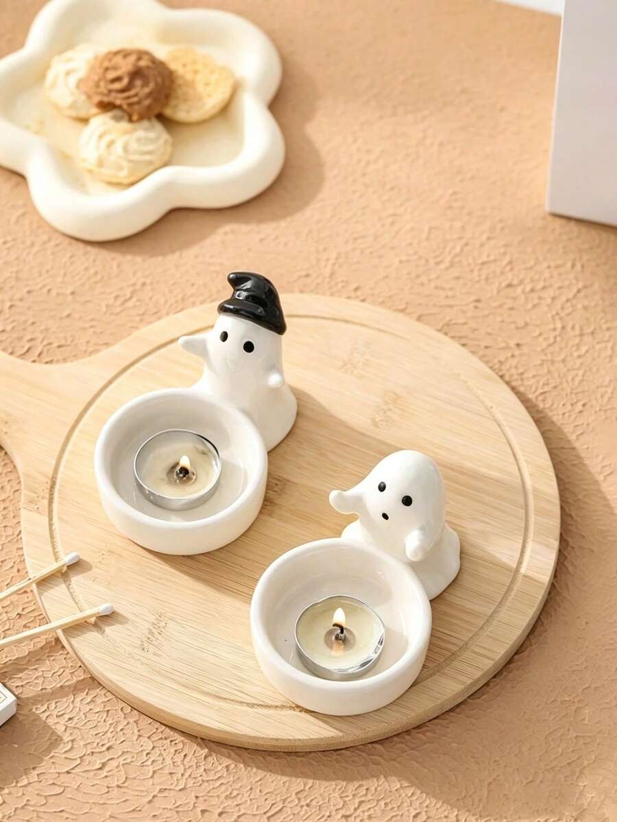 Halloween Inspired Creative Elegant Candle Holder Tray, Desktop Jewelry Storage Dish, Cute Ceramic Decorative Ornament, Party Display Tray Accessory, Halloween Gift - White - View 1
