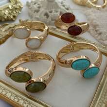 1pc European & American Exaggerated Symmetrical Double Stone Gilded Open Cuff Bracelet, Adjustable Spring Design, Vintage Jade Texture, Daily & Formal Versatile Accessory - Multicolor - View 4