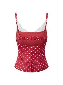 Women Y2K Polka Dot Cami Tops Cute Satin Spaghetti Strap Lace Tank Tops Slim Fit Bustier Lace Trim Crop Top Camisole Summer Corset Party Clothes - 紅色 - 查看 5