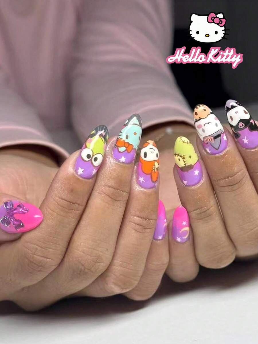 萬聖節 Sanrio Hello Kitty 24片 Y2K 杏仁形可愛 3D Hello Kitty & Kuromi & Melody & Cinnamoroll 裝飾法式尖頭穿戴甲,星星與蝴蝶結設計,完美貼合壓克力假指甲組,含 1 片果凍膠與 1 片指甲锉,適合女孩與男孩 - 彩色 - 查看 1