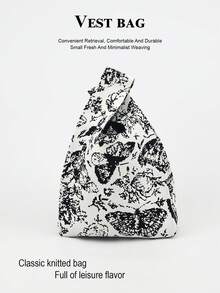 1件純色鏤空針織鉤編透氣輕量可折疊便攜開口休閒度假女款手提包腕包，適合女生女性日常假期上學通勤，四季皆宜 - 黑與白 - 查看 7
