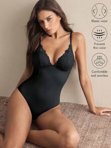 1pc Seamless Lace Deep V-Neck Shaping Bra, Effective Body Shaper Suitable For Weddings And Parties - Black - View 4