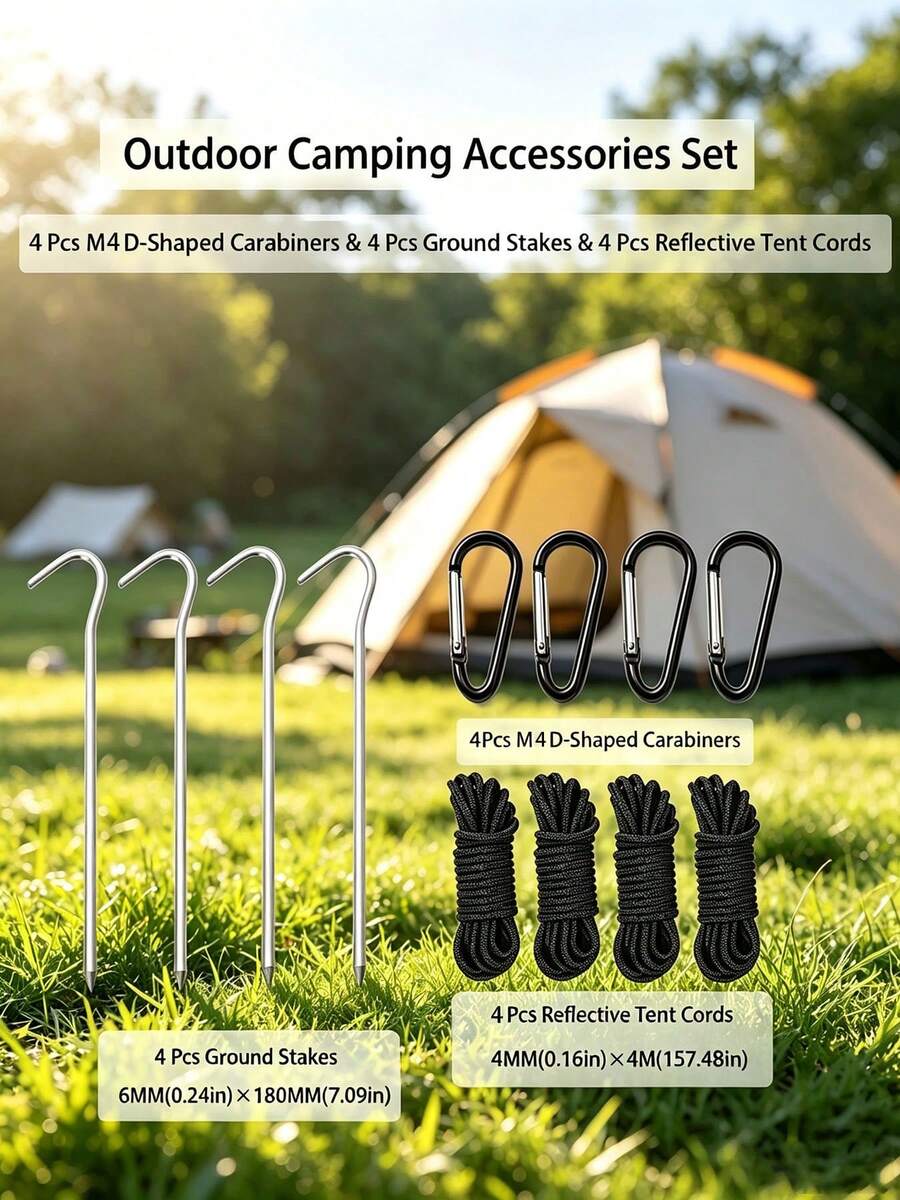 6PCS Set.12PCS Set Camping Tent Accessories Kit, Includes Tent Stakes, Wind Ropes And D-Shaped Buckles, Suitable For Outdoor Camping - Multicolor - View 1