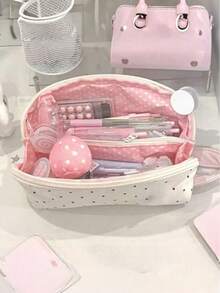 1pc Cute Large Capacity Polka Dot Shell Student Pencil Case, Cream White, Suitable For Classroom And Travel, Multi-Compartment Stationery Storage Bag, Polka Dot Pattern - Pencil Case - View 1