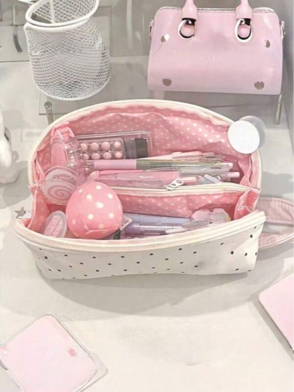 1pc Cute Large Capacity Polka Dot Shell Student Pencil Case, Cream White, Suitable For Classroom And Travel, Multi-Compartment Stationery Storage Bag, Polka Dot Pattern