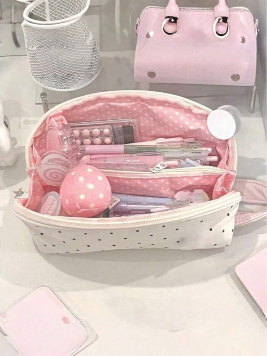 1pc Cute Large Capacity Polka Dot Shell Student Pencil Case, Cream White, Suitable For Classroom And Travel, Multi-Compartment Stationery Storage Bag, Polka Dot Pattern - Pencil Case - View 1