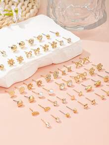 30 paires de boucles d'oreilles à tige pour femmes, motifs fleurs, nœuds, cœurs, carrés, géométriques, pour une utilisation quotidienne et les jours de fête - Or jaune - Voir 4