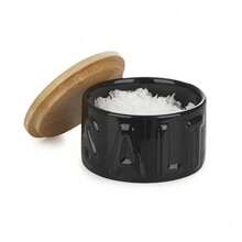 Barattolo ceramico nero con coperchio in bambù, vaso salvasapore pratico per sale e condimenti nella cucina domestica - Visualizzare 3