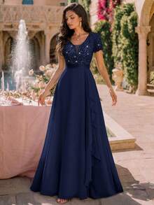 MIUSOL Deep V-Neck Contrast Sequin Lace Ruffle Trim Chiffon Formal Party Maxi Dress,Formal Evening Gown - Navy Blue - View 6