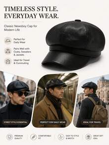 1pc Black PU Leather Octagonal Newsboy Cap, Unisex Autumn/Winter ...