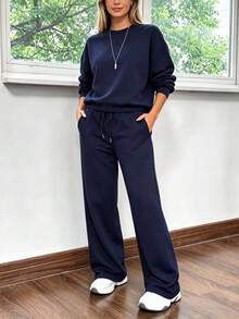 2pcs Falloutfits Women's Sports Set, Fashionable Comfortable Colorblock Jacket And Casual Pants, Suitable For Autumn/Winter Wear - Navy - View 2
