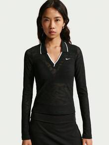 Nike Women's AS W NK CHLL KNT LS STCH LACEPOLO Knit Collar Long Sleeve TIM8390-010 - Black - View 1