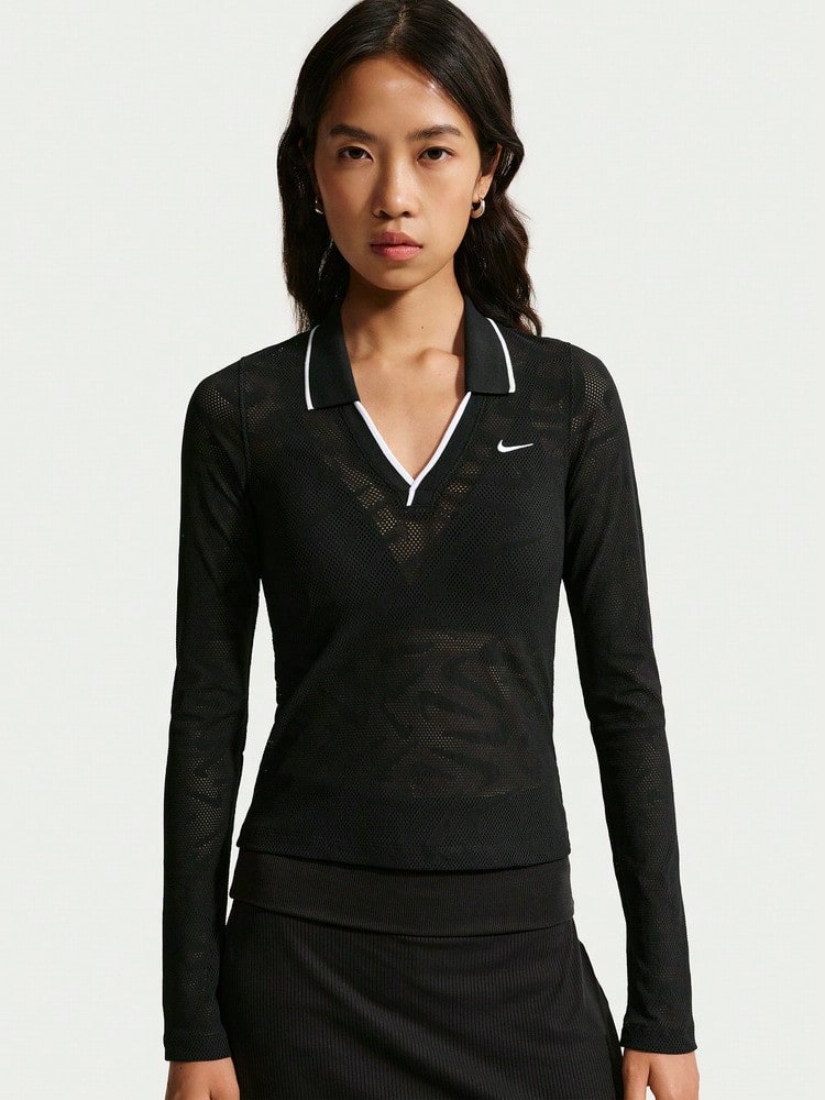 Nike Women's AS W NK CHLL KNT LS STCH LACEPOLO Knit Collar Long Sleeve TIM8390-010 - Black - View 1