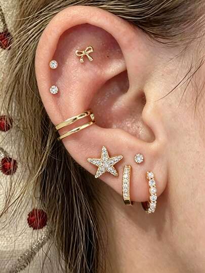 8 pièces Ensemble de boucles d'oreilles en zirconium cubique incrusté en forme d'étoile & nœud, convient pour le port quotidien des femmes, les rendez-vous, les vacances à la plage