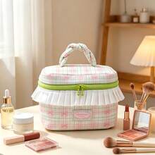 Girly Sweet Frill Trim Plaid Makeup Box Fresh INS Style Skincare & Cosmetics Storage Bag Large Capacity Toiletry Bag With Handle - Multicolor - View 5