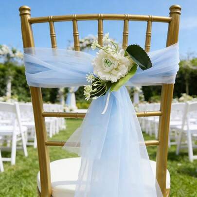 10pcs Elegant Light Blue Chair Back Tulle Bow Set, Wedding Chair Back Decor For Hallway, Church, Banquet, Ceremony, Reception, Photography Prop, Birthday Party Home Decoration