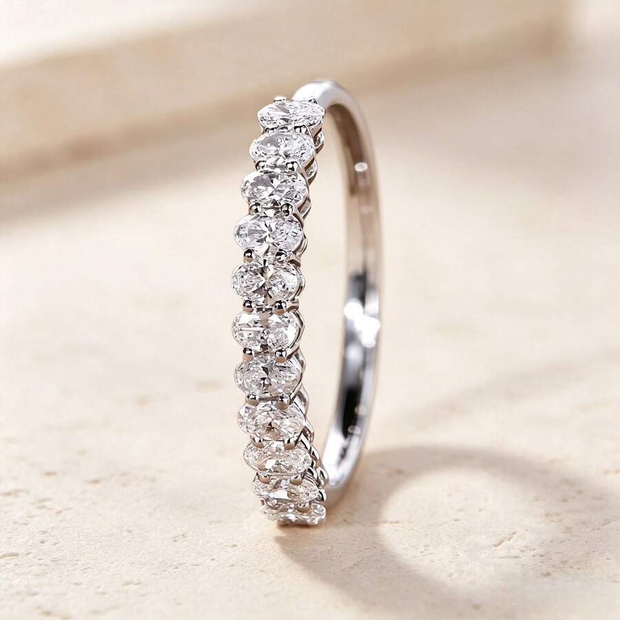 Women's Delicate Shiny Half-Circle Oval Zirconia Inlaid White Gold Plated Daily Thin Stacking Ring - White Gold - View 1