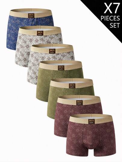 Set di 7 pezzi di biancheria intima da uomo boxer retrò stampati, stampa classica di rose, design elastico sottile e ampio, biancheria intima casual confortevole, confezione multicolore