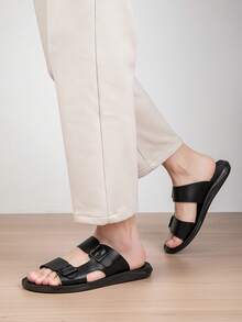 2026 New Men's Beach Slides, Double Buckle Design, Fashionable Strap Sandals - Black - View 7
