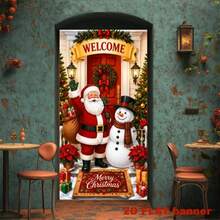 2D Flat 1 Piece Of Christmas-Themed Banner Background, Featuring Santa Claus, Snowmen, Combined With Christmas Trees, Christmas Gifts, Red Flowers Decorations, With The Words "WELCOME" And "Merry Christmas" Printed On It. - View 4