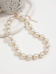 1pc Vintage Elegant Faux Pearl Choker Beaded Necklace, Round Pearl With Rhinestone Inlay, Versatile Banquet Party Necklace For Women - Gold - View 4