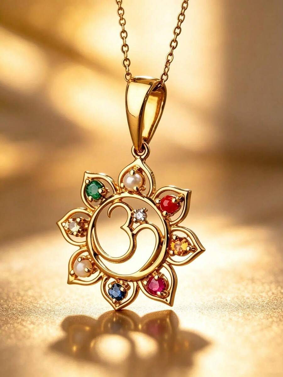 Eterna Glow 1pc Lotus Flower Om 7 Chakra Pendant Necklace Gold Color Yoga Symbol Necklace Multicolor Gemstone Chakra Spiritual Amulet Party Jewelry For Women - Necklace - View 1