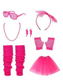 Rainbow 80s 7-Piece Adult Retro Party Costume Set, Shutter Shades, Rainbow Scrunchie Socks, Lace Headband, Neon Gloves, Lightning Earrings, Disco Outfit Props, Suitable For Neon/Rainbow Dopamine Colorful Party, Neon UV Fluorescent Party, Blacklight Glow Party, Rainbow Dopamine Theme Birthday Party, Halloween Retro Funny Cosplay, Carnival, Colorful Festival, Costume Party - Multicolor - View 7