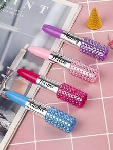 Custom Text Logo Creative Stationery Cartoon Cute Korean Style Lipstick Shaped Rhinestone Ballpoint Pen 1mm Thickness Blue Ink Lipstick Shaped Gift Pen Office Pen, Couples, Spouses, Colleagues, Friends, Elders, Children, Classmates, Teachers - Multicolor - View 3