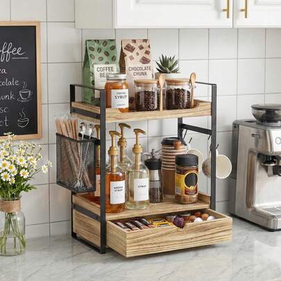 Coffee Station Organizer Countertop, Wooden Coffee Bar Accessories Organizer With Basket, 2 Mug Holder Hooks And Pod Drawer, Multifunctional 2 Tier Countertop Organizer For Kitchen, Bathroom, Office