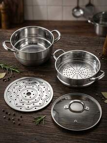MiLaiWP 4-Piece 3-Tier Stainless Steel Steamer Pot Set, Soup Pot For Cooking With Steamer Basket And Steamer Plate, Thickened Heavy-Duty Stainless Steel Steamer Pot Set, Multi-Functional For Soup Pot And Hot Pot, Dishwasher , Suitable For Gas, Electric And Oven - View 8