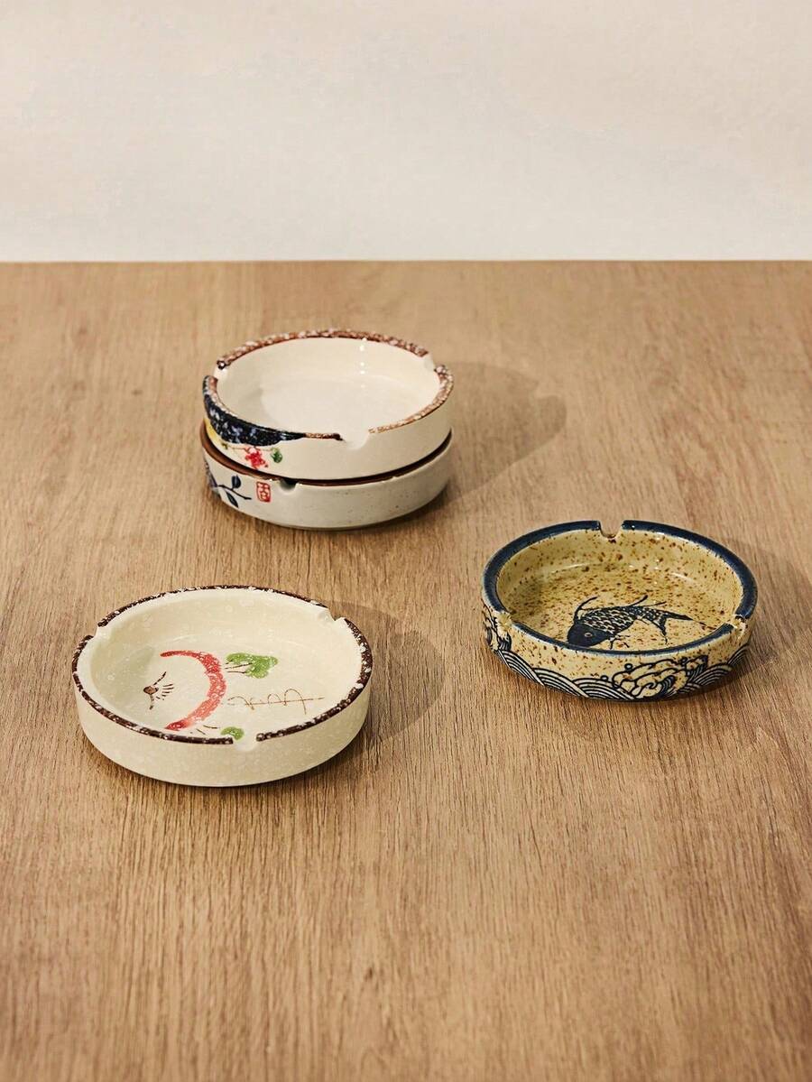 Haus Hana 日式水墨畫陶瓷煙灰缸，附蓋，經久耐用，易於清潔，適用於家庭、茶室、飯店、餐廳或戶外使用。
