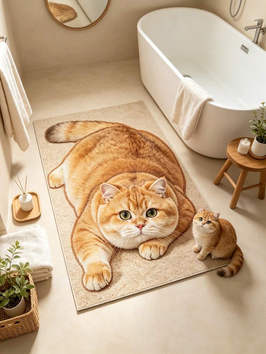 1 tấm thảm hình chữ nhật mèo cam béo nền màu be, phong cách dễ thương chữa lành, thảm phòng khách, thảm trải sàn, thảm nhà tắm, có thể giặt được - Nhiều màu - Xem 1