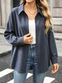 Women's Autumn Fashion Versatile Plaid Single-Breasted Long Sleeve Patchwork Shirt - Dark Blue - View 2
