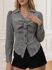 New V-Neck Pleated Shirt Cinched Waist Top, Striped Front Button Pleated Hem Spring - Black and White - View 3
