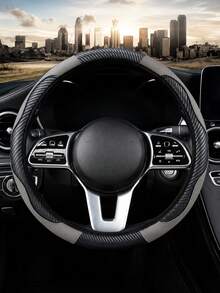 1pc Grey Carbon Fiber Leather Comfortable Car Steering Wheel Cover Without Inner Ring, Car Decor Suitable For 14.5-15 Inch Steering Wheel, Car Interior Accessory, Unisex, All Season - A - View 2