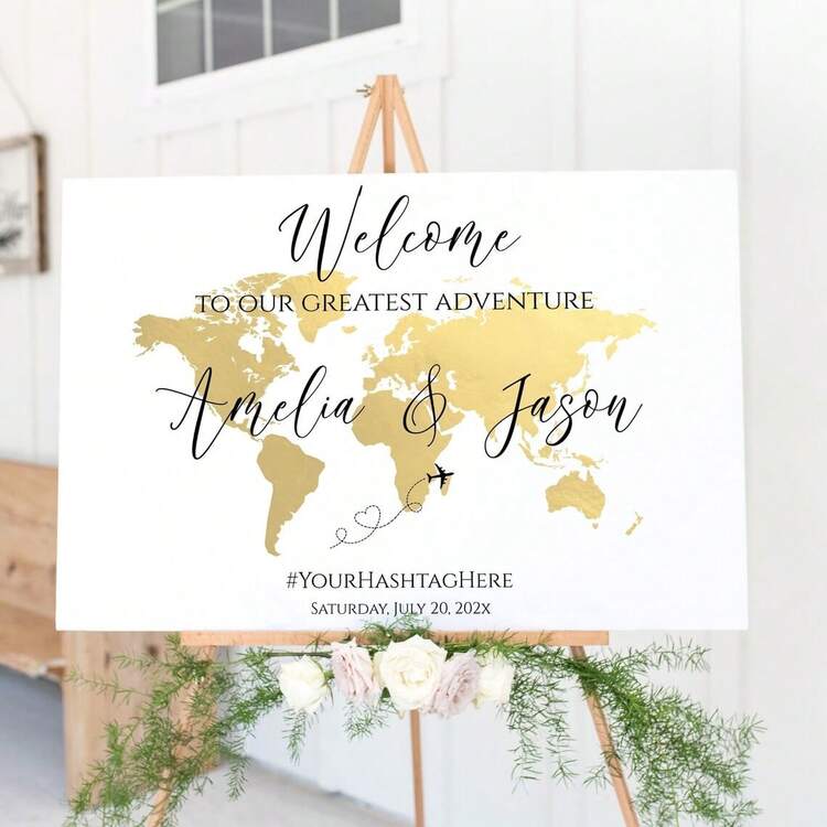 Personalized Acrylic Wedding Welcome Sign, World Map And Travel Theme, Custom Bride And Groom Names And Date, Transparent Or Frosted Acrylic Guest Sign-In Board, Destination Wedding Decor, Elopement Wedding Poster - Multicolor - View 2