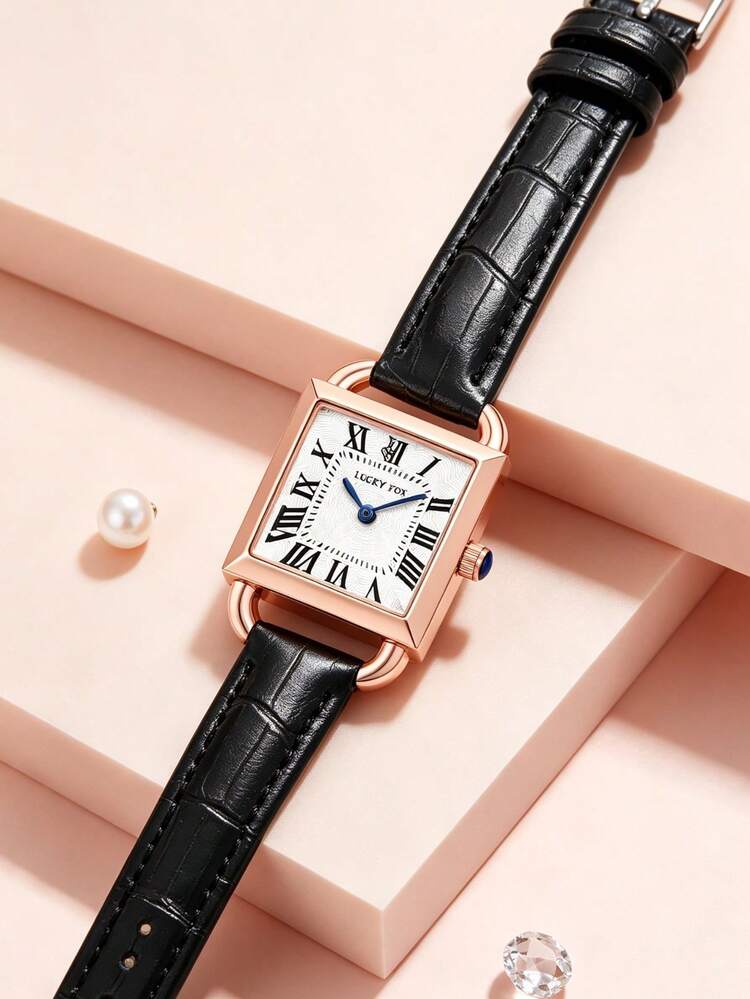 LUCKYFOX Vintage Square PU Leather Quartz Women's Watch, Minimalist Business Casual, Multi-Color Versatile, Zinc Alloy Case, Daily Commute Women's Watch - Black - View 5