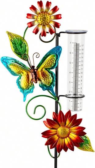 Viterlight Rain Gauge Outdoor, Butterfly Rain Gauge With 7 Inch Tube, Metal Rain Measure Tool, Decorative Rain Measure Gauge For Outdoor, Garden Decor