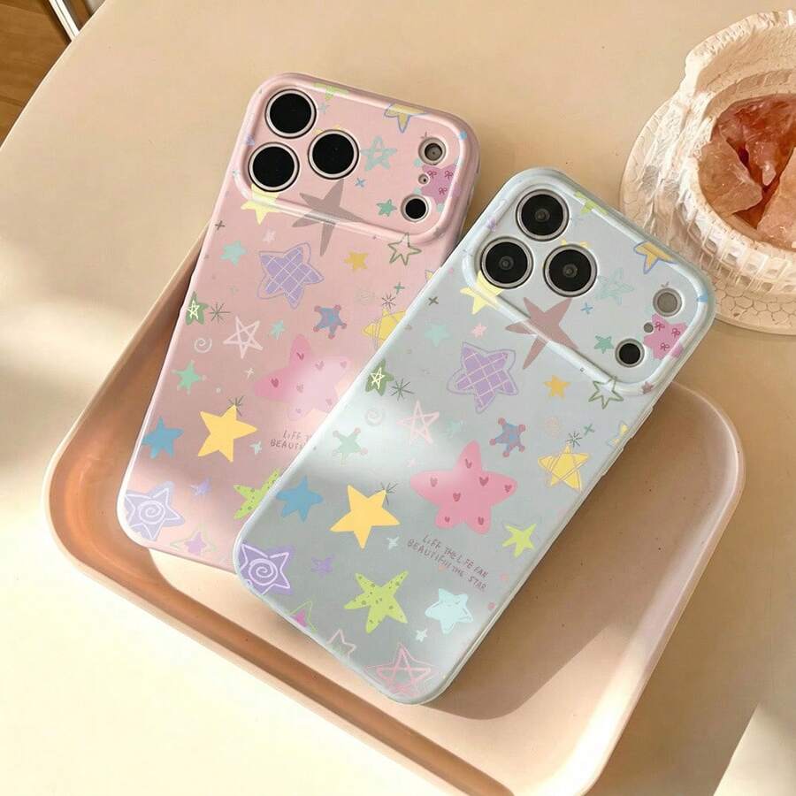 2pcs Graffiti Colorful Star Pattern Phone Case Compatible With Iphone 17 Pro Max, 16, 15, 14, 13 With Side Heart Design Full Coverage - Blue Pink - View 1