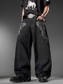 Korean Street Style Men's Wide Leg Jeans, Two-Tone Embroidery Design, Loose Fit, Full Length Trousers, All-Season (Belt & Accessories Not Included) - Black - View 4