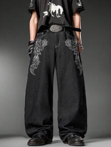 Korean Street Style Men's Wide Leg Jeans, Two-Tone Embroidery Design, Loose Fit, Full Length Trousers, All-Season (Belt & Accessories Not Included) - Black - View 6