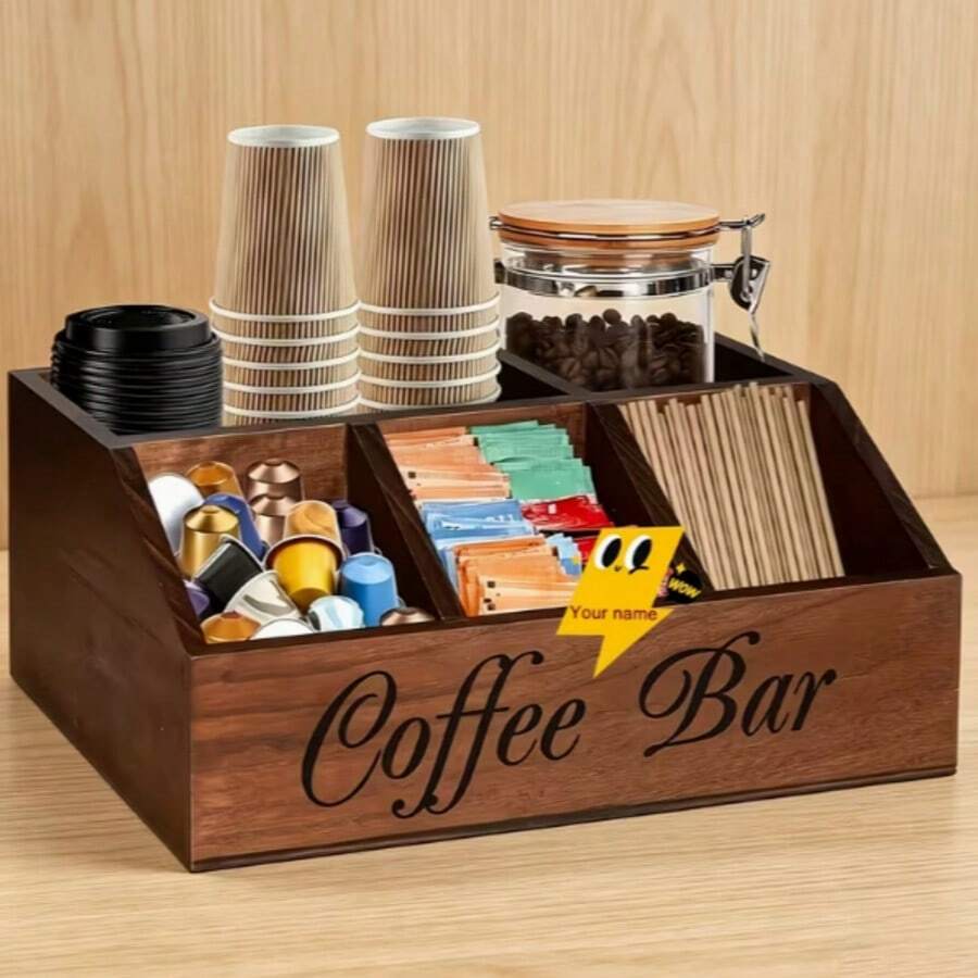 1pc 5-Compartment Wooden Coffee Bar Storage Box, Vintage Farmhouse ...