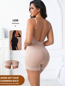 1pc Seamless Shapewear Plus Size Women Waist Cincher Tummy Control Butt Lift Backless Lace Trim Jumpsuit - Apricot - View 1