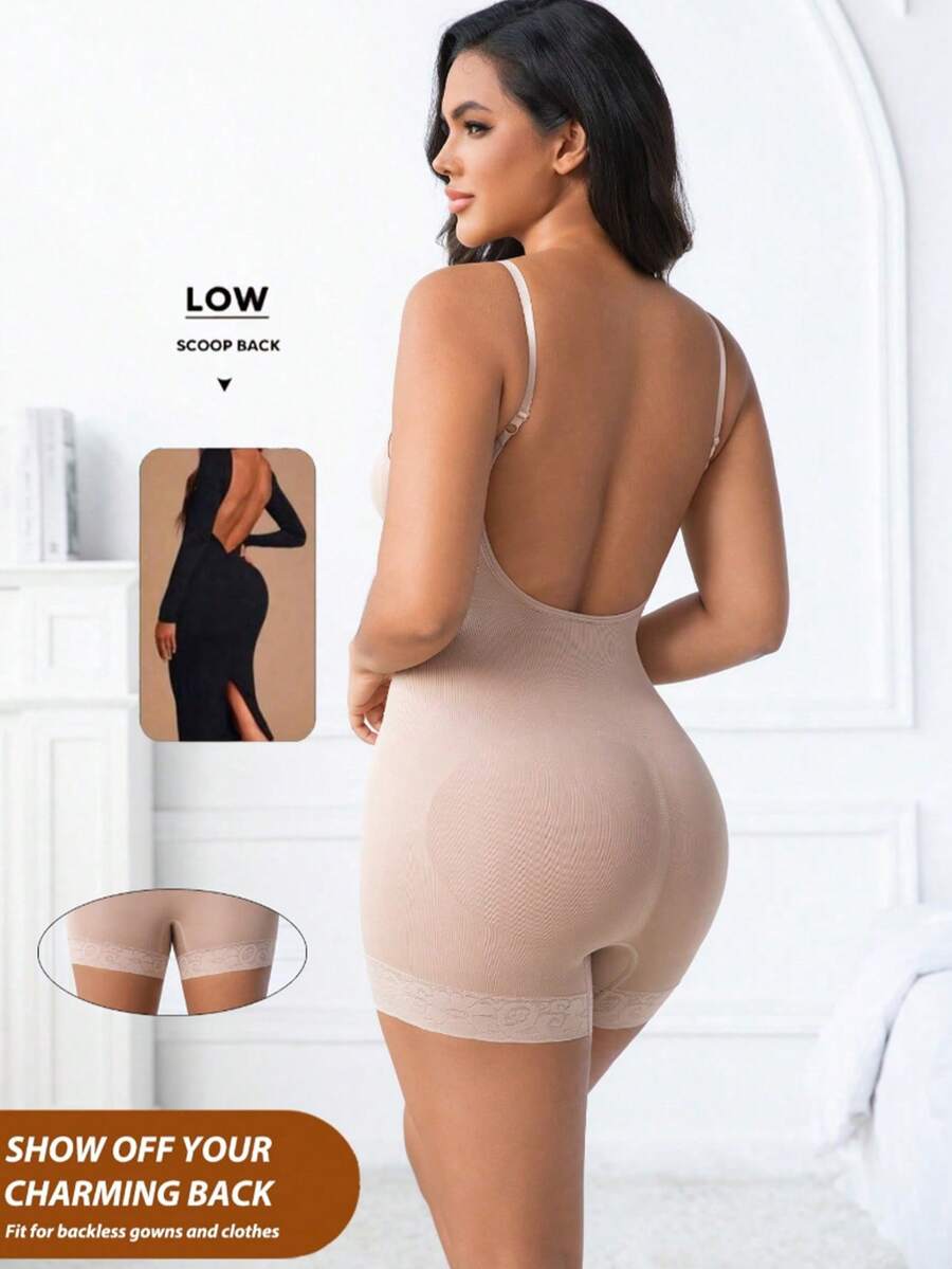 1pc Seamless Shapewear Plus Size Women Waist Cincher Tummy Control Butt Lift Backless Lace Trim Jumpsuit - Apricot - View 1