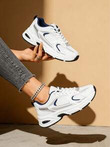 American Retro Contrast Color Running Shoes, Mesh Breathable, Thick Bottom Cushioning,Popular Women's Casual Sports Shoes,For Travel,Sports, Shopping - 藍色 - 查看 1