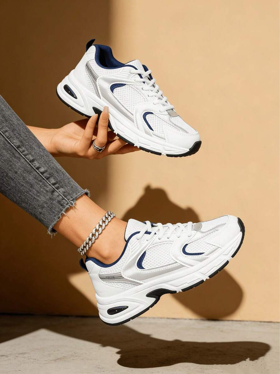 American Retro Contrast Color Running Shoes, Mesh Breathable, Thick Bottom Cushioning,Popular Women's Casual Sports Shoes,For Travel,Sports, Shopping - 藍色 - 查看 1