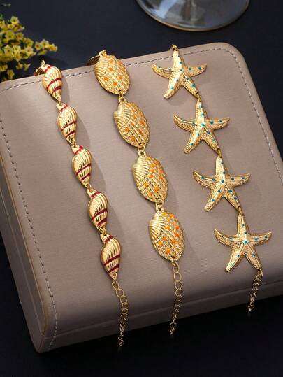 3pcs/Set Layered Ocean Style Bracelet Set With Drip Oil Colorful Dots, Starfish, Shell, Conch, Metal Chain, Vacation Jewelry