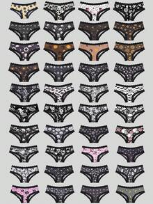 Dircho 10pcs Random Women's Print Briefs Set & Star-Moon & Heart & Cartoon Pattern & Black Lace Trim & Mixed Color Scheme & Daily Comfort Underwear - Multicolor - View 2
