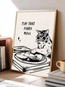 1pc Music On World Off Quotes Posters, Music Print,Vinyl Player Cat With Fashion Glasses Painting, Bedroom Decor,Living Room Decor,Dorm Decor,Wall Arts,Wall Decor,Home Decor,Room Decor, Canvas Wall Art, Posters, Wall Art With Frame, Optional Frame ﻿ ﻿ - 1PCS - View 5