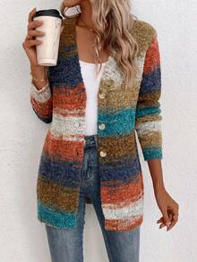 Women's Vintage Gradient Color Cardigan, Comfortable Long Sleeve Button Knit Jacket, Casual Loose Fit, Suitable For Autumn/Winter Wear And Vacation - Gradient Colors - View 12